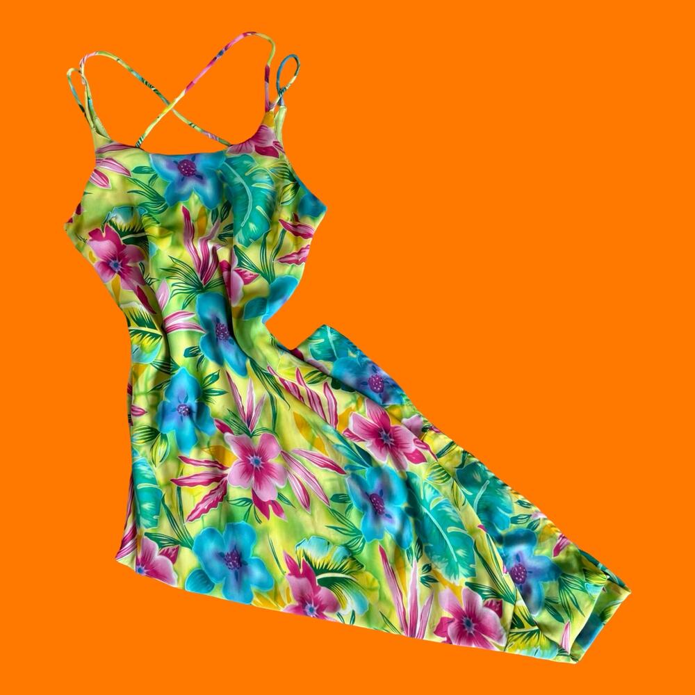 90's 00's vintage tropical green floral chiffon y2k maxi dress Size 18 XL